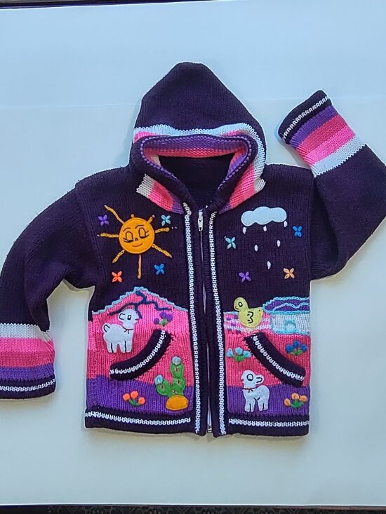 Peruvian Knit Other - Peruvian Cardigan Sweater Kid Size 2T Full Zip Hood Pockets Purple & Pink